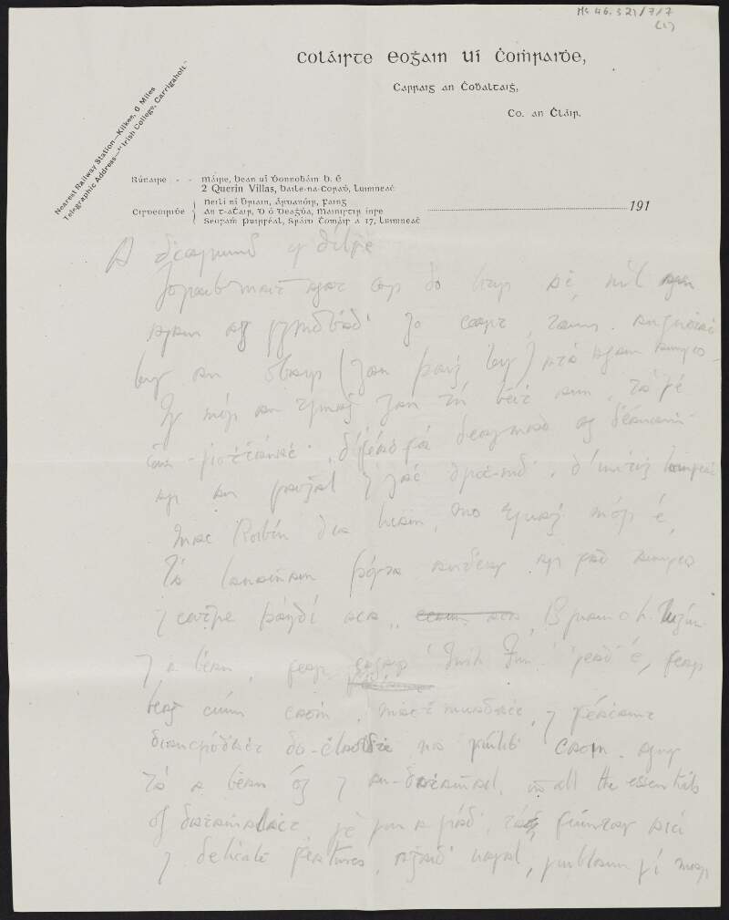 Letter from Cesca Chenevix Trench, Coláiste Eoghan Uí Chomhraidhe [O'Curry's College], County Clare, to Diarmid Coffey regarding her time painting for Neilí Ní Bhriain, politics and poetry,