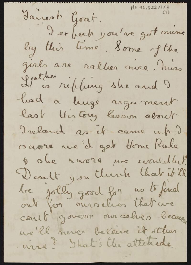Letter from Cesca Chenevix Trench to Margot Chenevix Trench regarding an argument she had with her teacher about Home Rule,