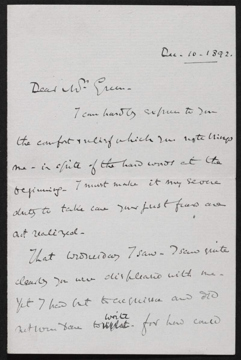 Letter from Eugénie Seller Strong to Alice Stopford Green regarding a previous argument,