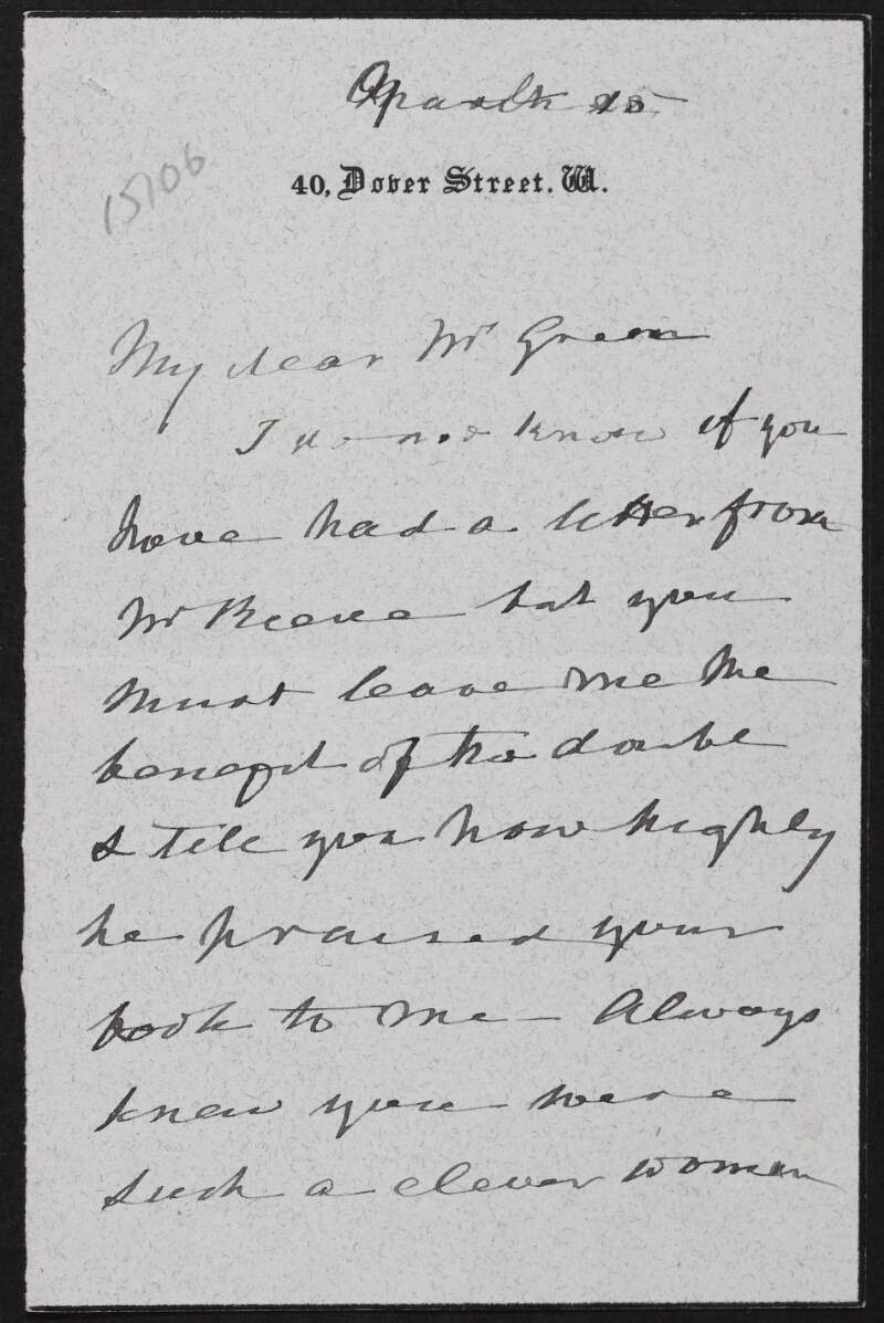 Letter from Arthur Lyulph Stanley to Alice Stopford Green regarding Green's work,
