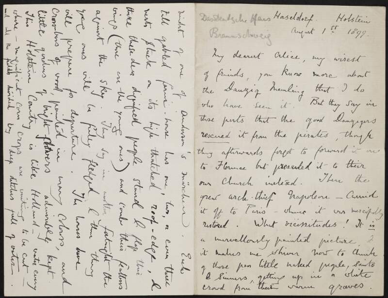 Letter from Janet Catherine Symonds to Alice Stopford Green discussing Haseldorf and 'Gift' by Alexander Kielland,