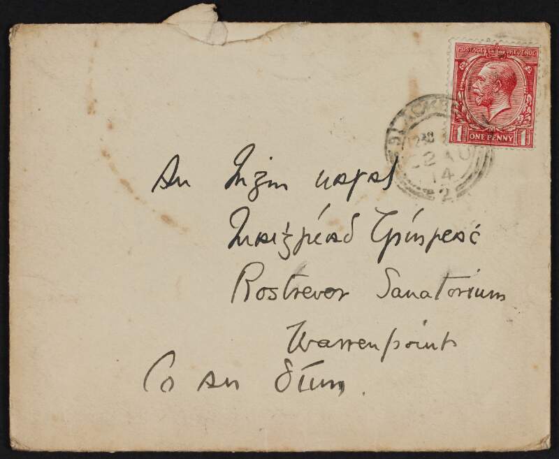 Empty envelope addressed to An [Iníon] Uasal, Maighréad Trínseach, Rostrevor Sanatorium, Warrenpoint, Co an Dhúin,