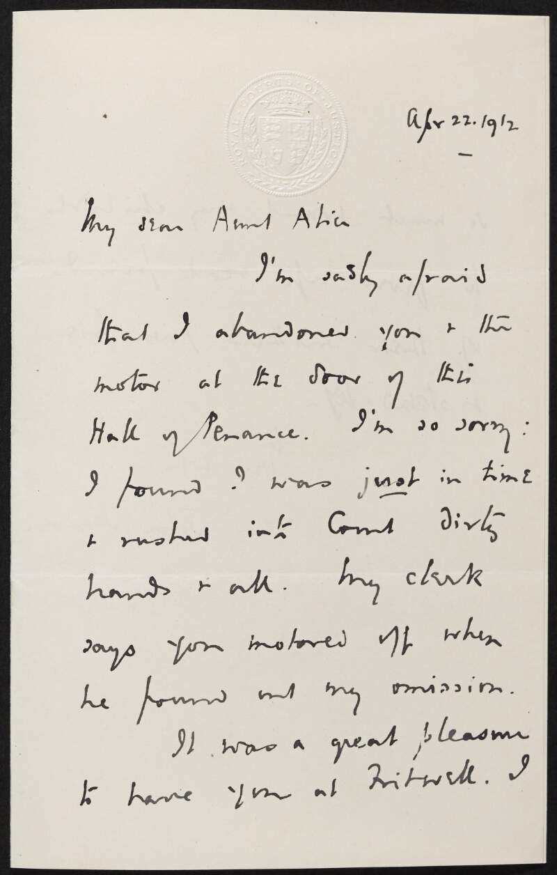 Letter from John Allsebrook Simon to Alice Stopford Green regarding a visit by Green,