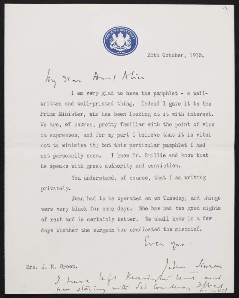 Letter from John Allsebrook Simon to Alice Stopford Green regarding a pamphlet by "Mr Smillie" given by Simon to Herbert Henry Asquith,