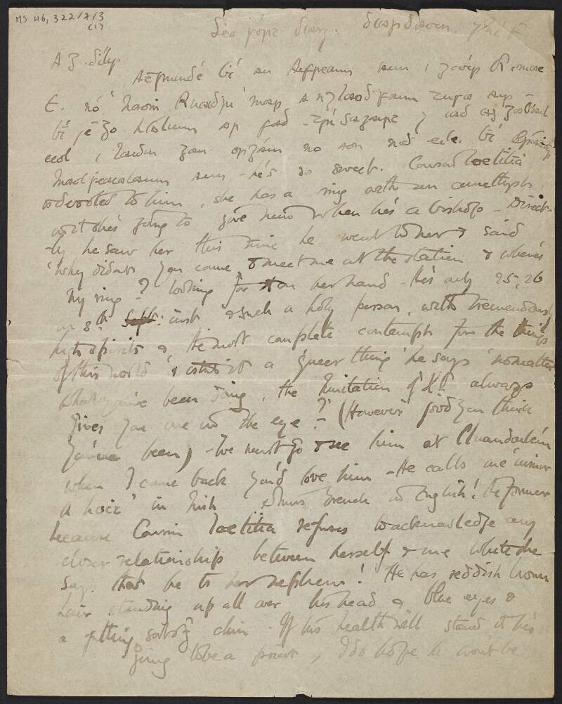 Letter from Cesca Chenevix Trench to Margot Chenevix Trench regarding debates and céilís she attended at the Irish college,