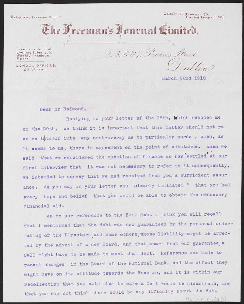 Letter from William Henry Brayden to John Redmond regarding debt management and financial aid for the 'Freeman's Journal',