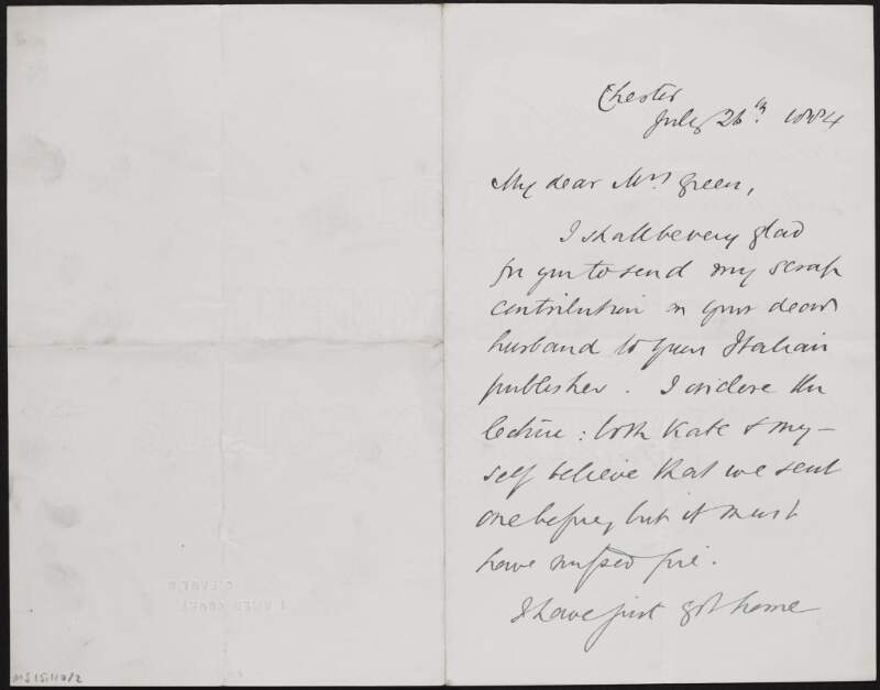 Letter from William Stubbs to Alice Stopford Green concerning a contribution regarding John Richard Green and a nonextant lecture,
