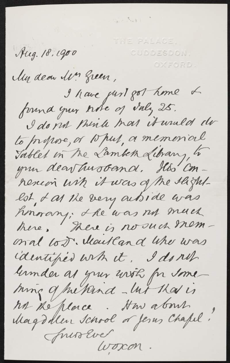 Letter from William Stubbs to Alice Stopford Green discussing a memorial tablet for John Richard Green,