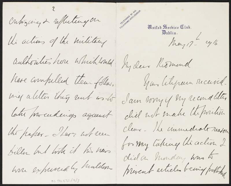 Letter from Walter Nugent to John Redmond regarding his actions to prevent articles being published in the 'Freeman's Journal',