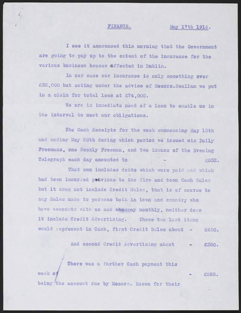Copy circular letter by William J. Flynn regarding an insurance claim following the Easter Rising,