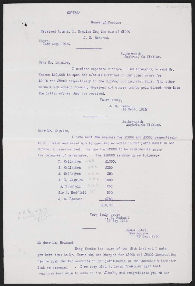 Copy correspondence between John Redmond and A. H. Maguire regarding the finances of the 'Freeman's Journal',