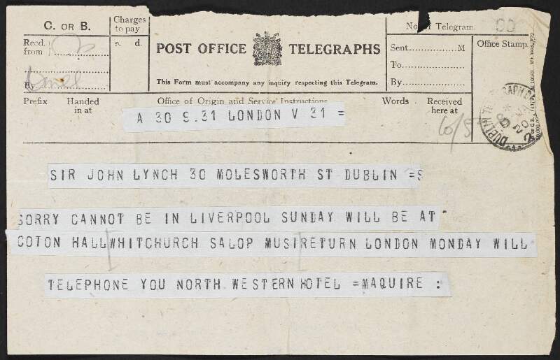 Telegram from Alexander Maguire to John Lynch informing him that he cannot visit him in Liverpool and that he will telephone him,