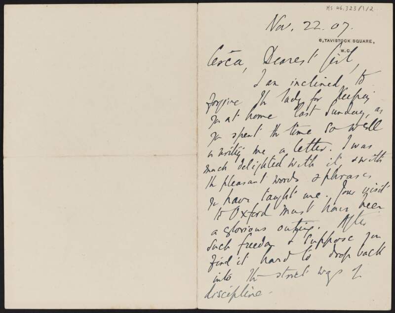 Letter from Samuel Henry Butcher, England, to Cesca Chenevix Trench arranging a visit,