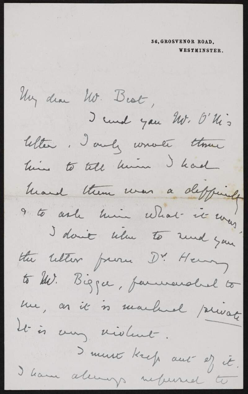 Letter from Alice Stopford Green to Richard Irvine Best regarding a letter from "Dr Henry" to [Francis Joseph] Bigger,