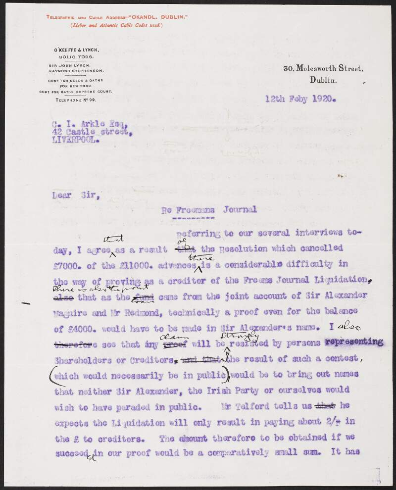 Draft letter from [John Lynch] to C. I. Arkle regarding the liquidation of the 'Freeman's Journal',