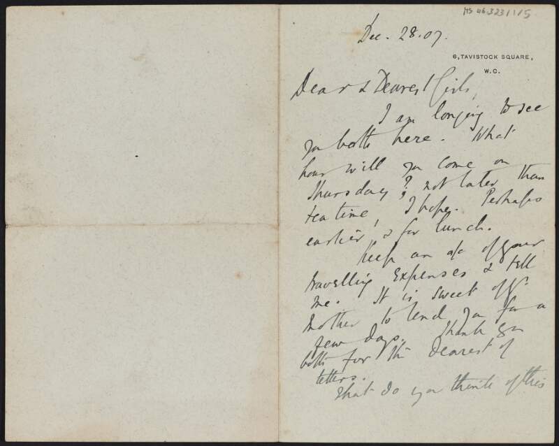 Letter from Samuel Henry Butcher, England, to Cesca and Margot Chenevix Trench arranging their visit to him,