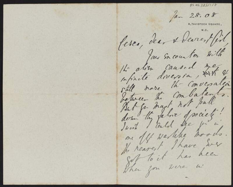 Letter from Samuel Henry Butcher, England, to Cesca Chenevix Trench regarding her moods,