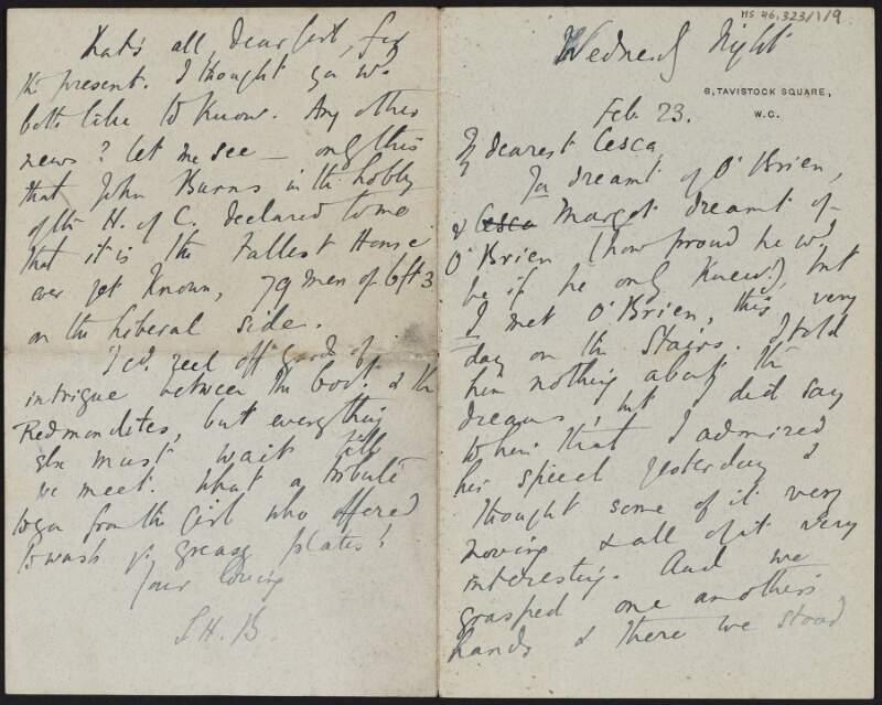 Letter from Samuel Henry Butcher, England, to Cesca Chenevix Trench telling her about a conversation he had with someone named "O'Brien" regarding politics,