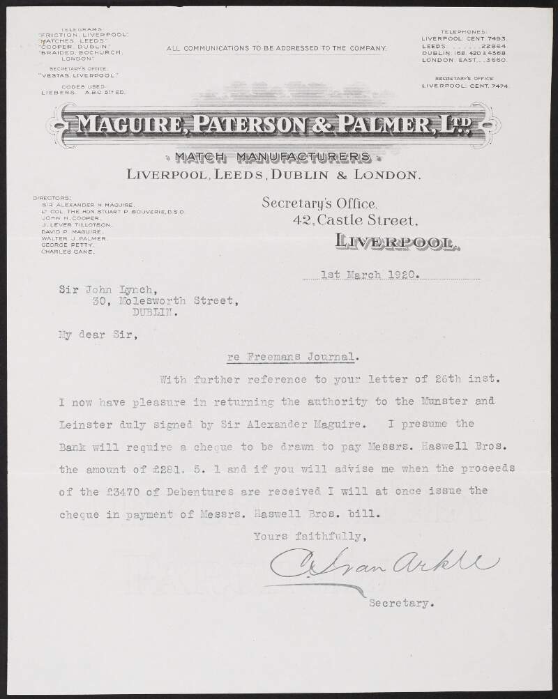 Letter from the Secretary, Maguire, Paterson & Palmer Ltd., to John Lynch regarding financial matters of the 'Freeman's Journal',