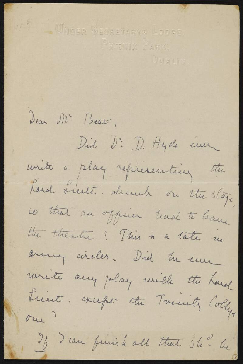 Letter from Alice Stopford Green to Richard Irvine Best enquiring about a play by Douglas Hyde,