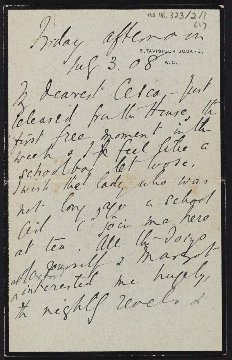 Letter from Samuel Henry Butcher, England, to Cesca Chenevix Trench in which he refers to Cesca finishing school, and a visit from her and Margot,