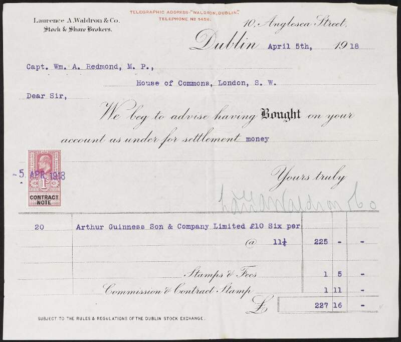 Receipt from Laurence A. Waldron & Co. for a transaction with Arthur Guinness Son & Company made on behalf of  W. A. Redmond,