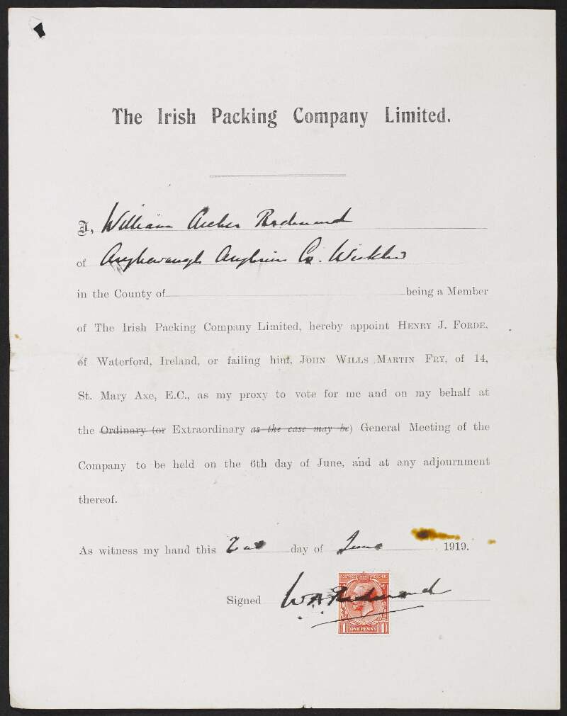 Statement by William Archer Redmond appointing Henry J. Forde as his proxy vote for the Extraordinary General Meeting of the Irish Packing Company Ltd.,