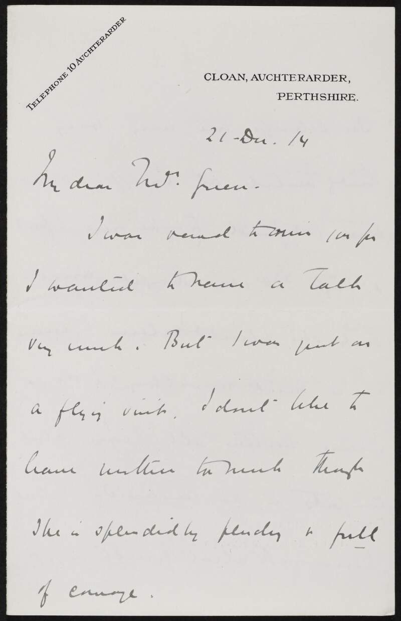 Letter from unidentified person to Alice Stopford Green noting that he did not have time to visit,