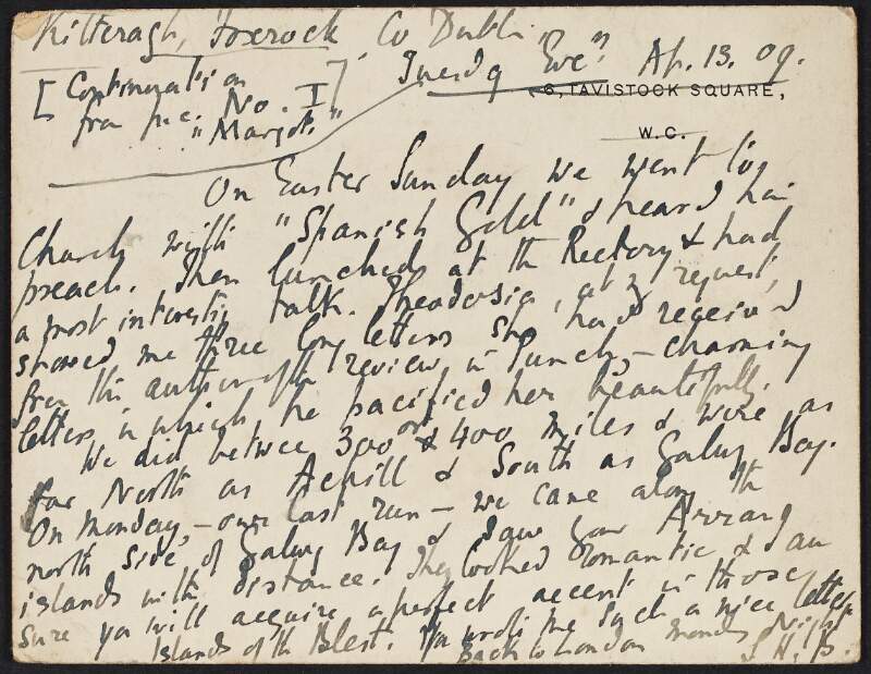 Postcard from Samuel Henry Butcher, County Dublin, to Cesca Chenevix Trench telling her how he spent his Easter Sunday,