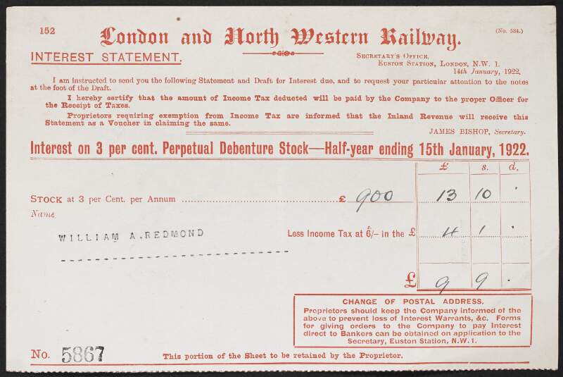Interest Statement from London and North Western Railway issued to William Archer Redmond for the half year ending 15 January 1922,