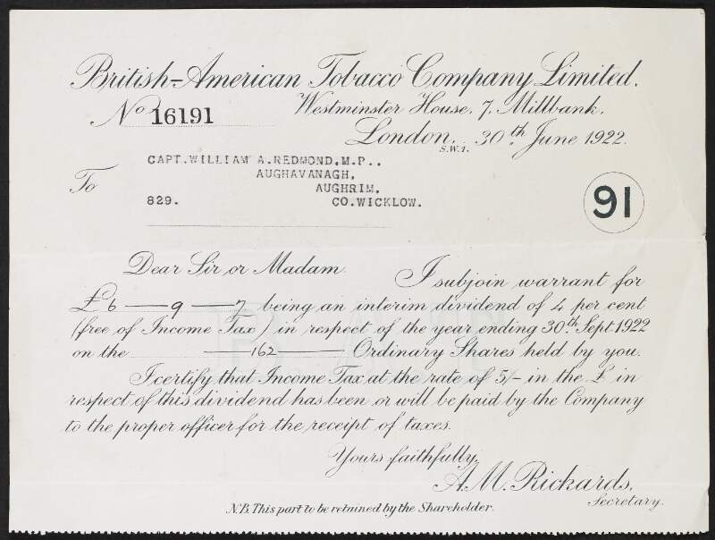 Letter from the British American Tobacco Company to William Archer Redmond regarding an interim dividend,