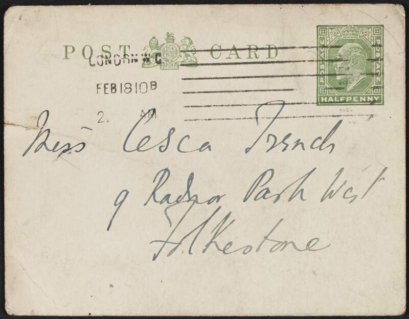 Postcard from Samuel Henry Butcher, England, to Cesca Chenevix Trench regarding "Bluebird",