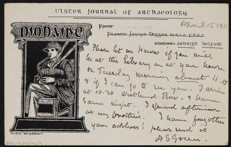 Postcard from Alice Stopford Green to Richard Irvine Best regarding a meeting between the two,