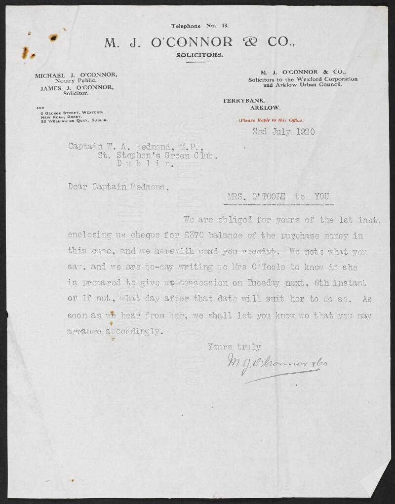 Letter from M. J. O'Connor to William Archer Redmond enclosing receipt of payment and informing him that they are arranging the date for "Mrs O'Toole" to give up possession of the property,
