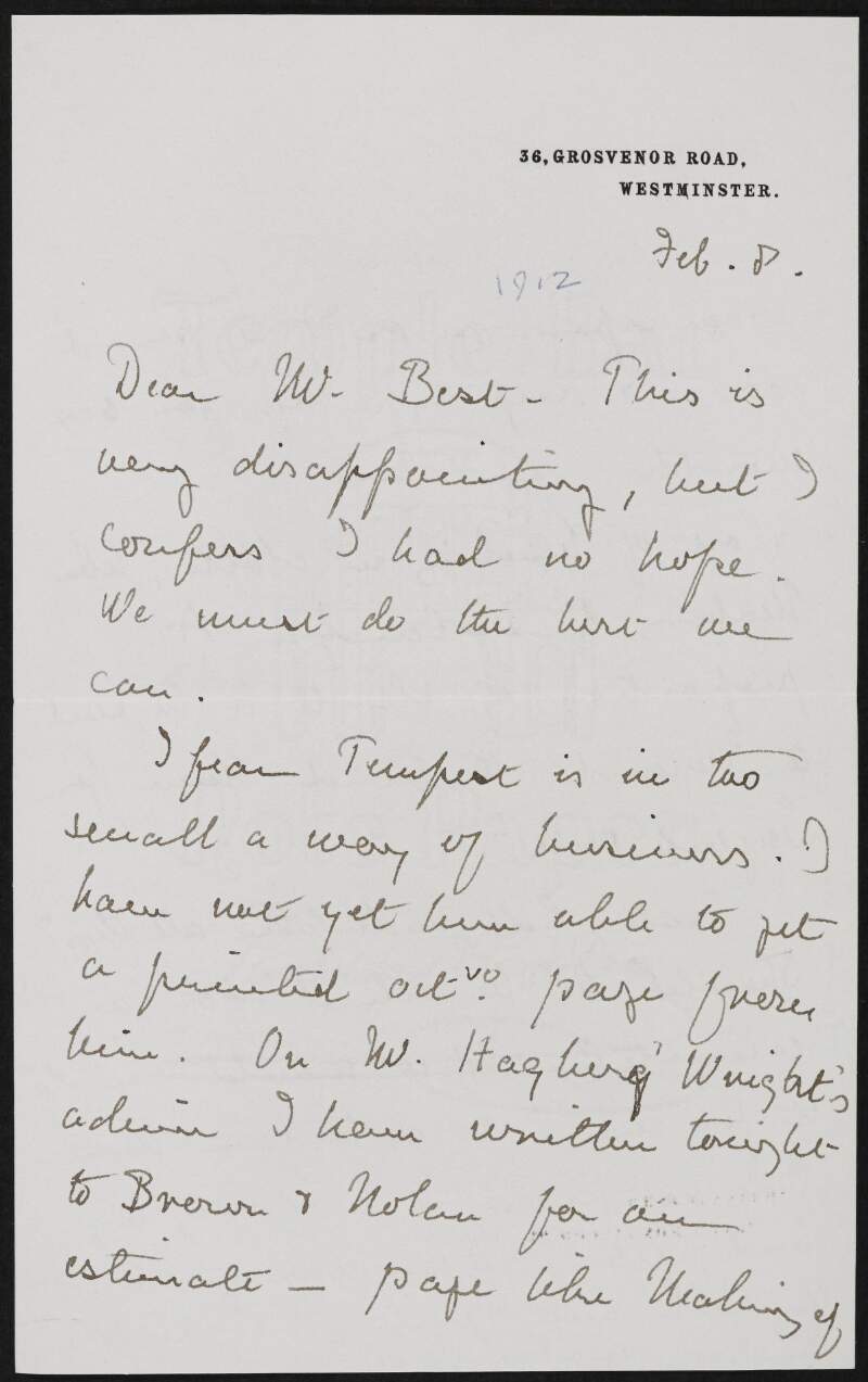 Letter from Alice Stopford Green to Richard Irvine Best regarding the printing of her work,