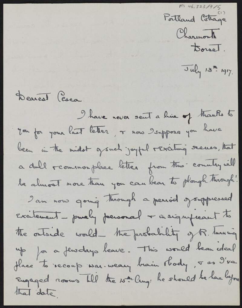 Letter from Clare Chenevix Trench, Dorset, England, to Cesca Chenevix Trench regarding the First World War, family matters, and politics,