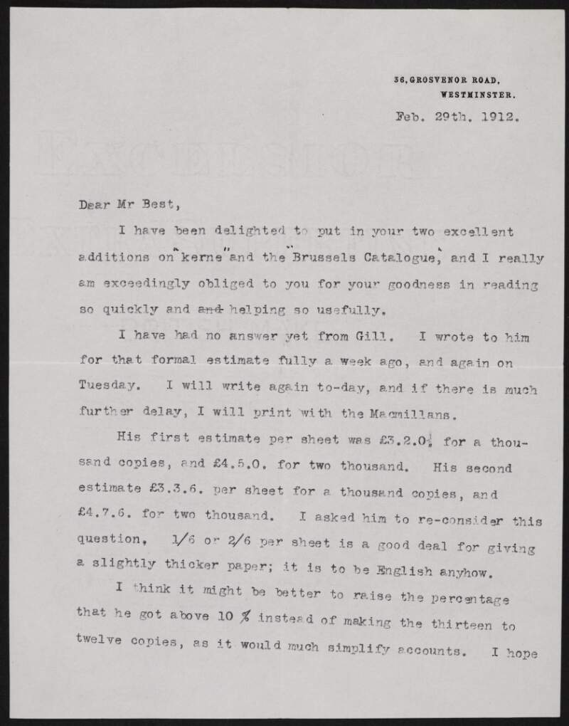 Letter from Alice Stopford Green to Richard Irvine Best thanking him for his additions to her work and discussing the printing of her material,