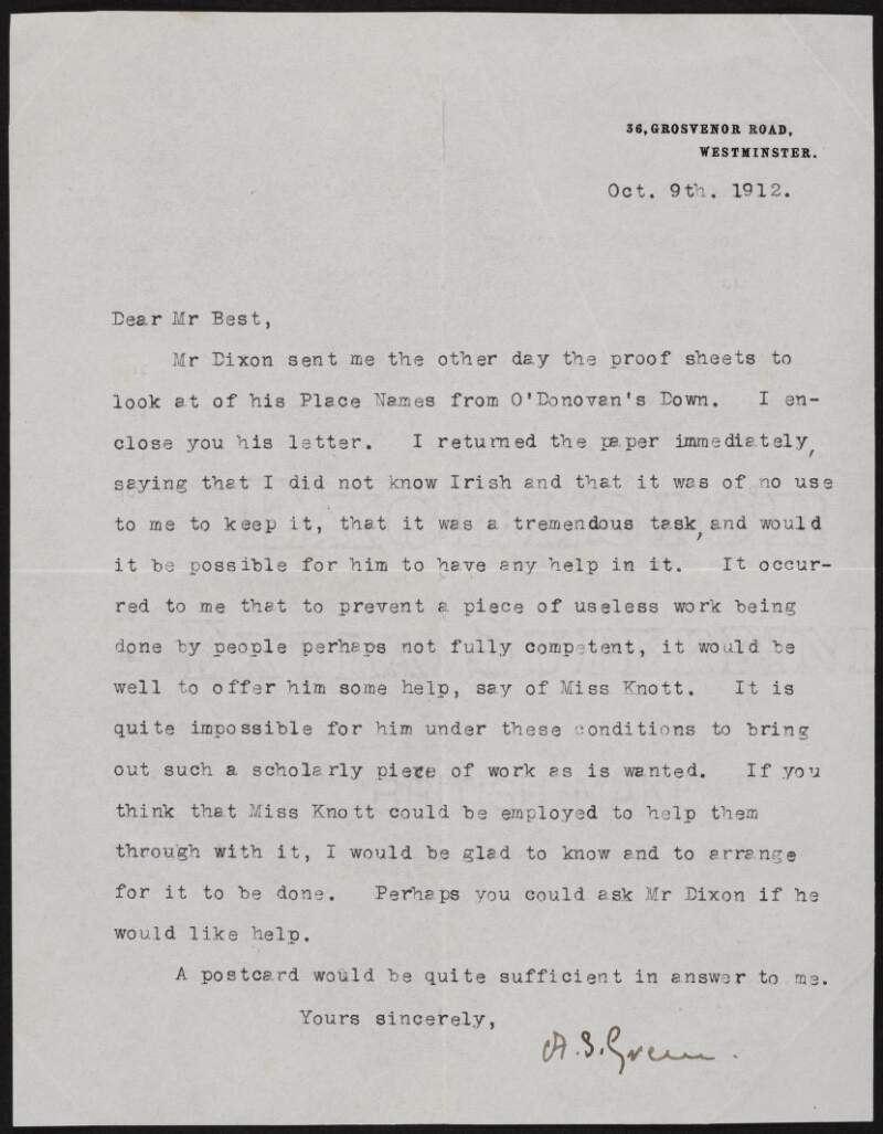 Letter from Alice Stopford Green to Richard Irvine Best regarding proof sheets sent by "Mr Dixon",