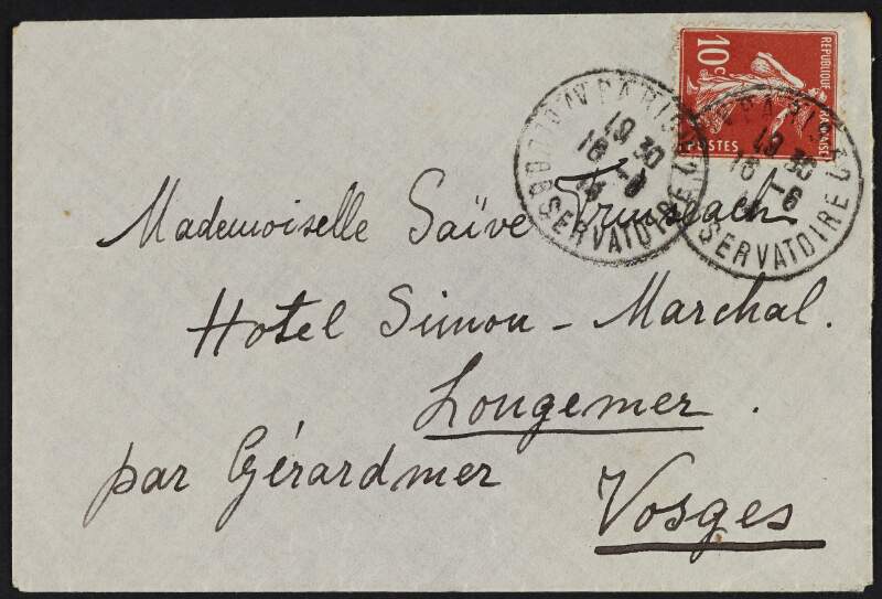 Empty envelope addressed to Mademoiselle Saive Trinseach, Hotel Sinon-Marchal, Longemer, par Gérardmer, Vosges,