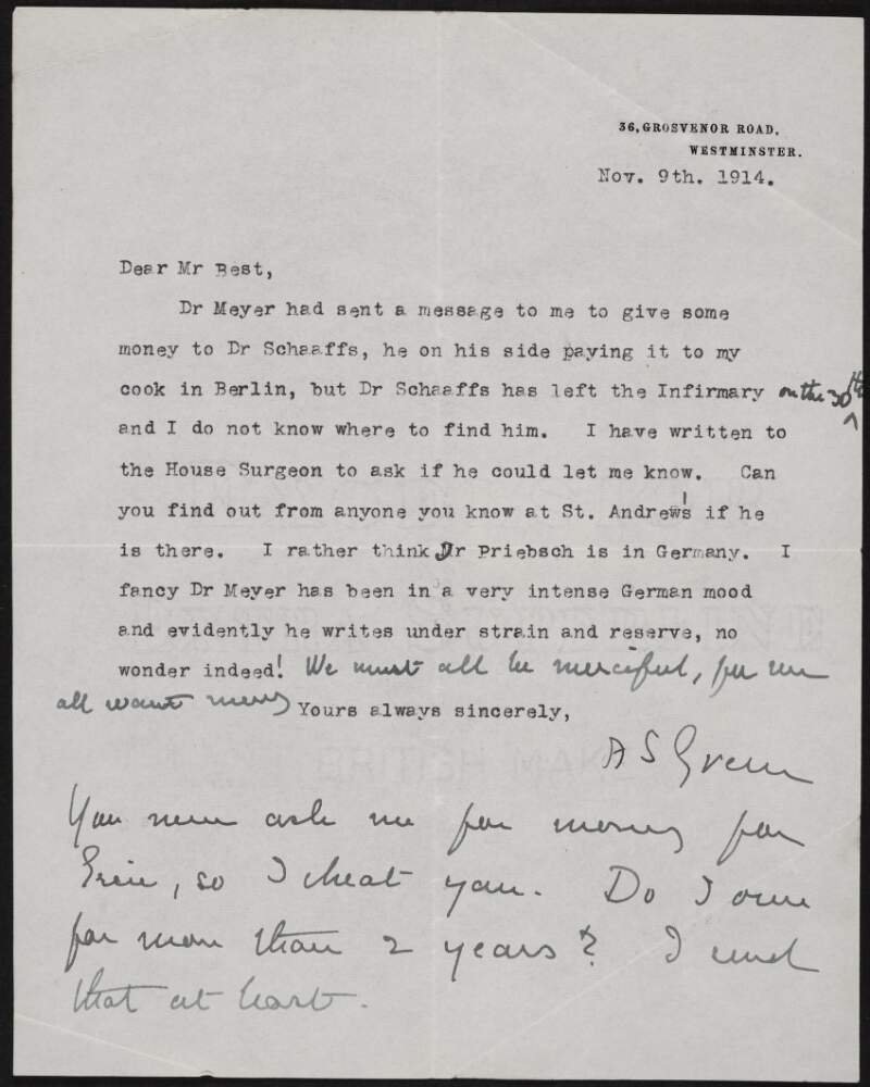 Letter from Alice Stopford Green to Richard Irvine Best regarding "Dr Schaaffs" and Kuno Meyer,