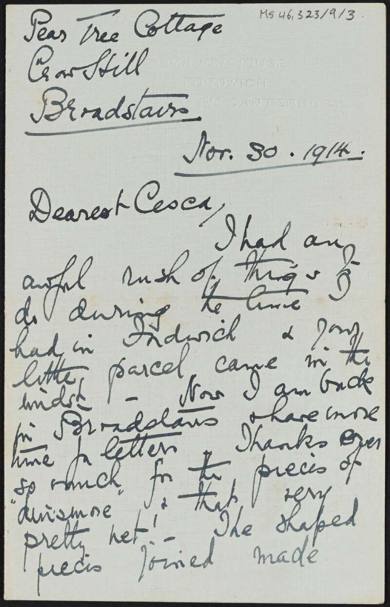 Letter from Marie Palmer, England, to Cesca Chenevix Trench regarding artists, garments, and the First World War,