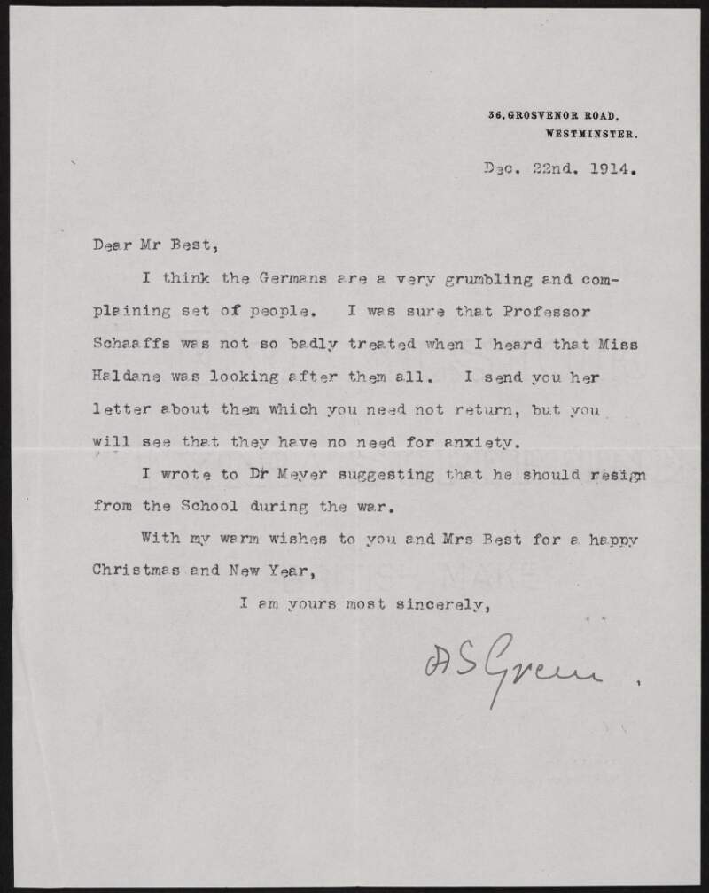 Letter from Alice Stopford Green to Richard Irvine Best noting that she wrote to Kuno Meyer suggesting that he should resign from the School of Irish Learning,