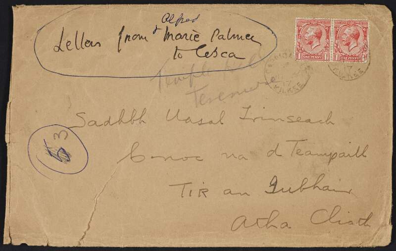 Empty envelope addressed to Sadhbh Uasal Trinseach, Cnoc na dTeampaill, Tír an Iubhair, Atha Cliath,