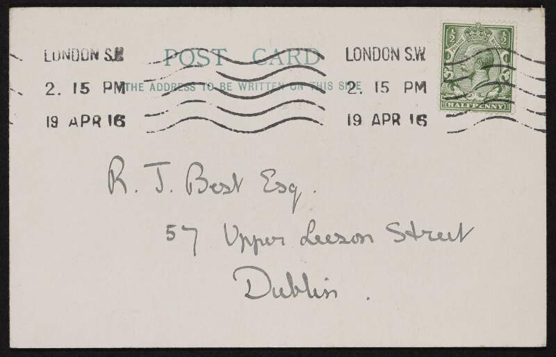 Postcard from Alice Stopford Green to Richard Irvine Best concerning reports for the library and a meeting between "Ker" and Robin Flower,