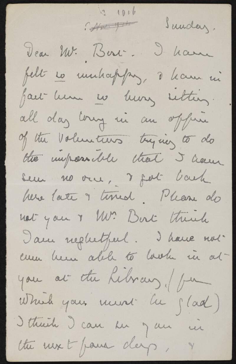 Letter from Alice Stopford Green to Richard Irvine Best noting her presence in the office of the Irish Volunteers and that she has been unable to visit him in the library,