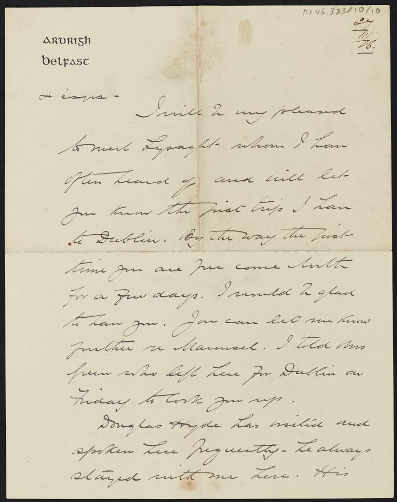 Letter from Francis Joseph Bigger, Belfast, County Antrim, to Cesca Chenevix Trench inviting her to stay,