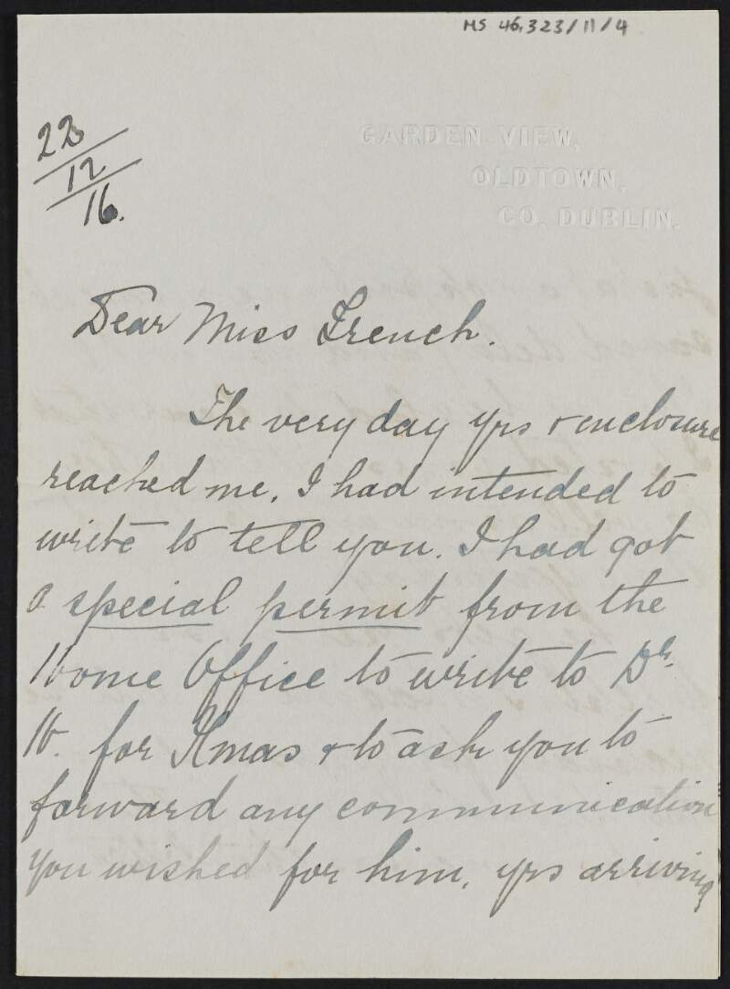 Letter from Mollie Adrien, Oldtown, County Dublin, to Cesca Chenevix Trench regarding relaying communication to political prisoners,