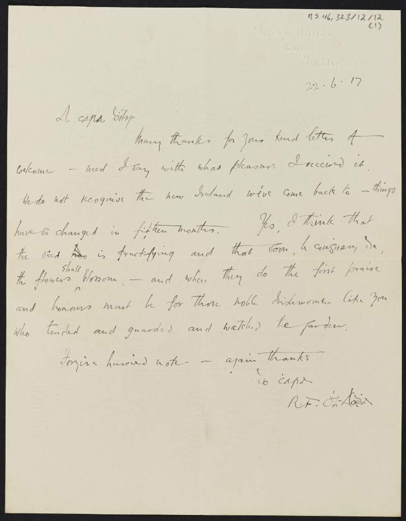 Letter from unidentified author, Lusk, County Dublin, to Cesca Chenevix Trench regarding the changes they have seen in Ireland in the past fifteen months,