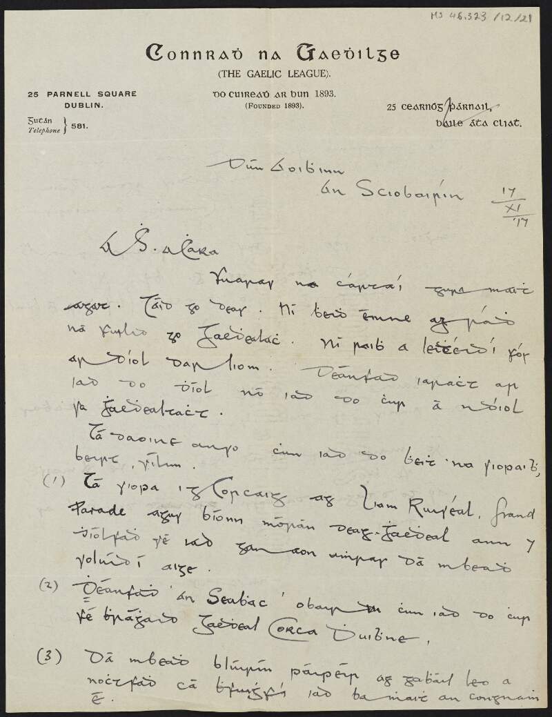 Letter from Peadar Ó hAnnracháin, Skibereen, County Cork, to Cesca Chenevix Trench regarding cards for the Gaelic League,