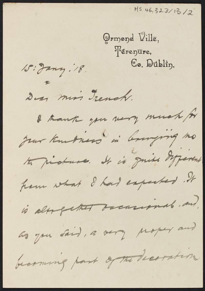 Letter from unidentified author, Terenure, County Dublin, to Cesca Chenevix Trench thanking her for bringing them to the pictures,